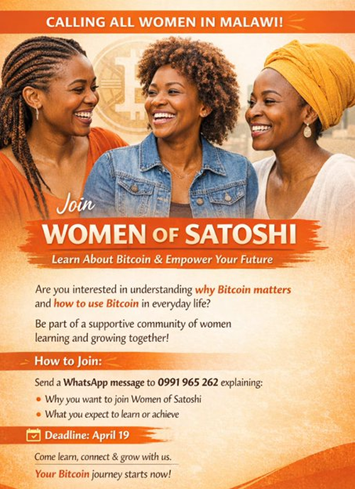 Women of Satoshi Cooperative flyer calling Malawian women to join Bitcoin education program