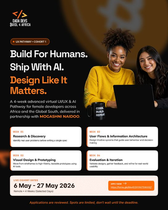 DadaDevs UI/UX Pathway Cohort 1 – 4-week virtual program for female African developers in Bitcoin and AI, starting May 2026
