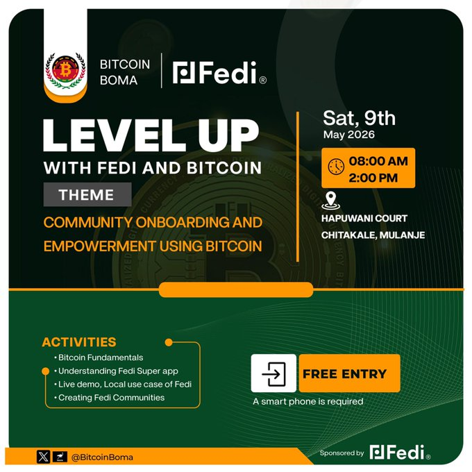 Bitcoin Boma and Fedi Inc. Level Up with Fedi + Bitcoin workshop flyer – Chitakale, Mulanje, Malawi – 9 May 2026.