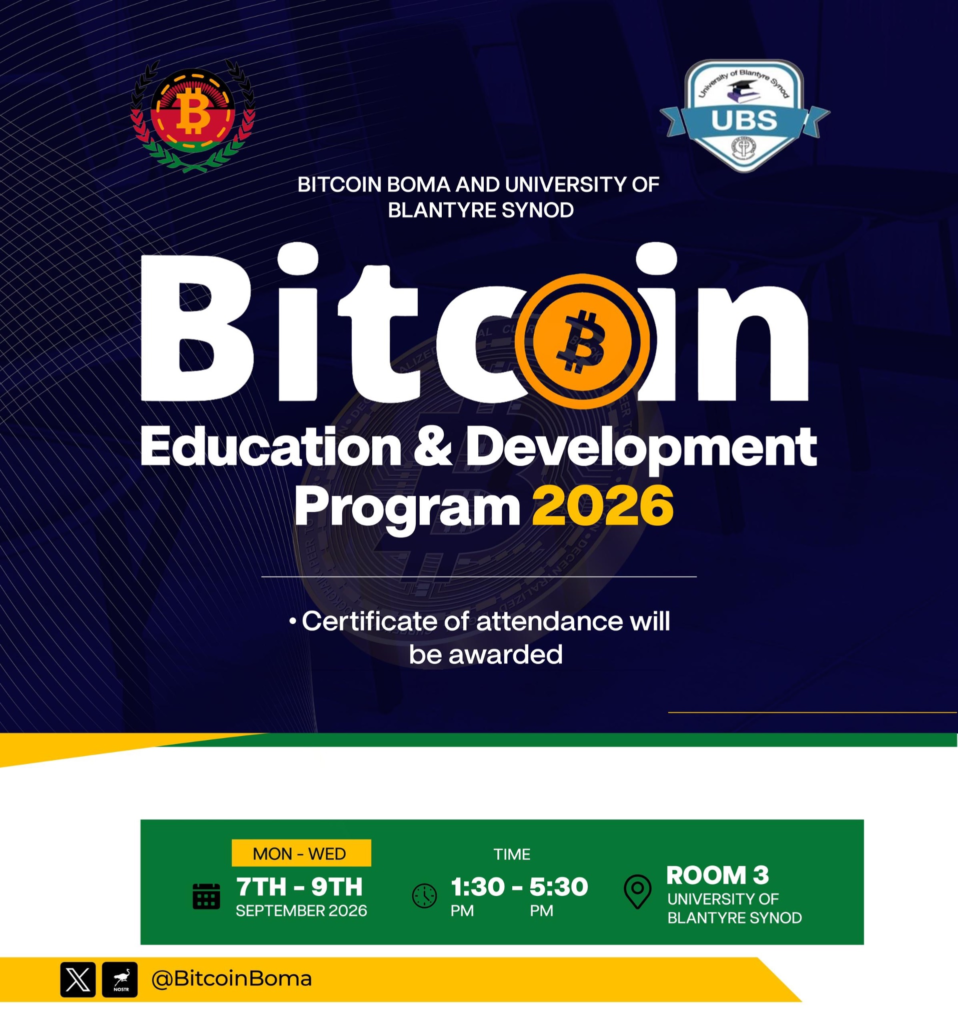 Bitcoin Boma and Trezor Academy will host a 3-day Bitcoin class at the University of Blantyre Synod from 7–9 September 2026. See times, venue, and who can join.