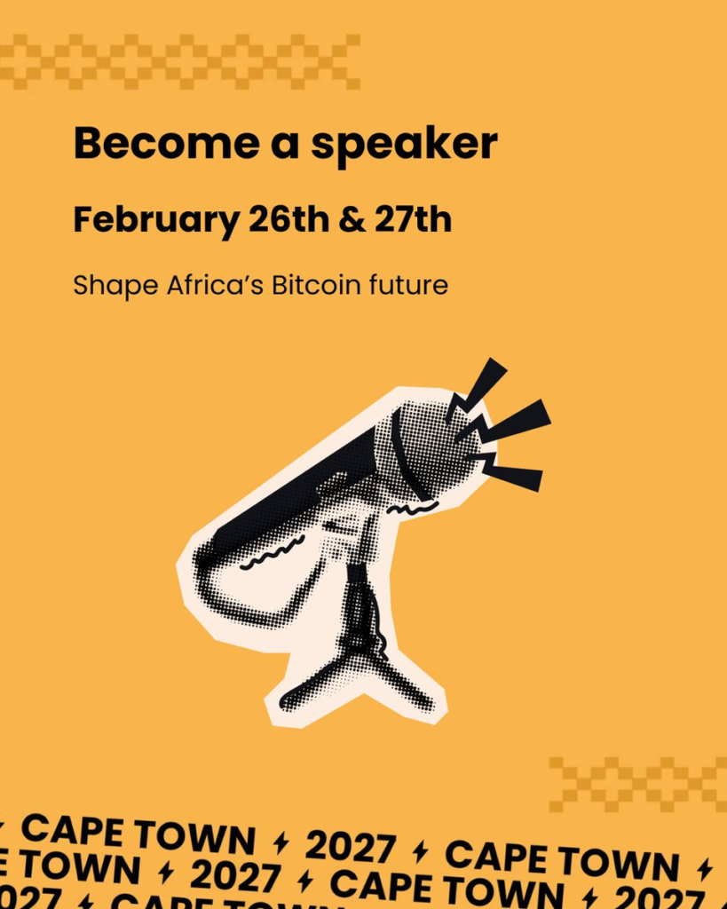 Become a speaker poster for Adopting Bitcoin Cape Town 2027, 26–27 February.